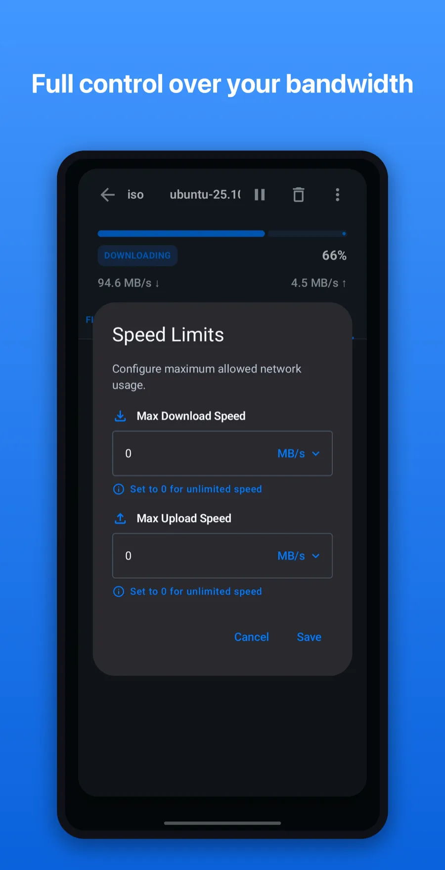 Torrq's Speed Limits dialog with fields for maximum download and upload speed, each with a unit selector and a note that zero means unlimited.
